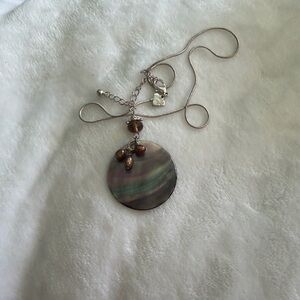 Silver-Tone Round Shell Pendant Necklace with Brown Bead Drops